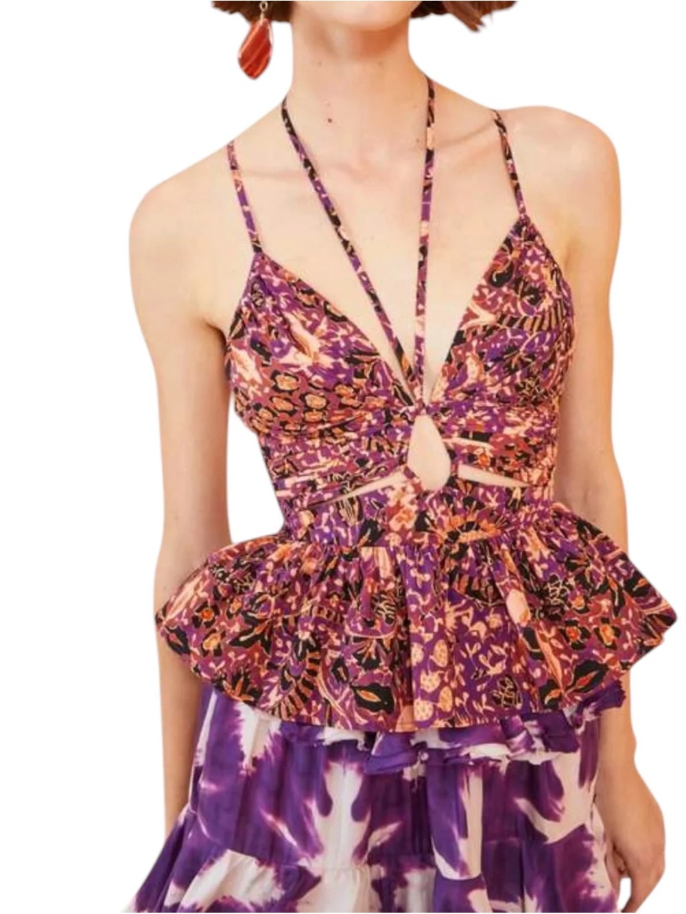 Ulla Johnson Essie Purple & Pink Floral Peplum Halter Top